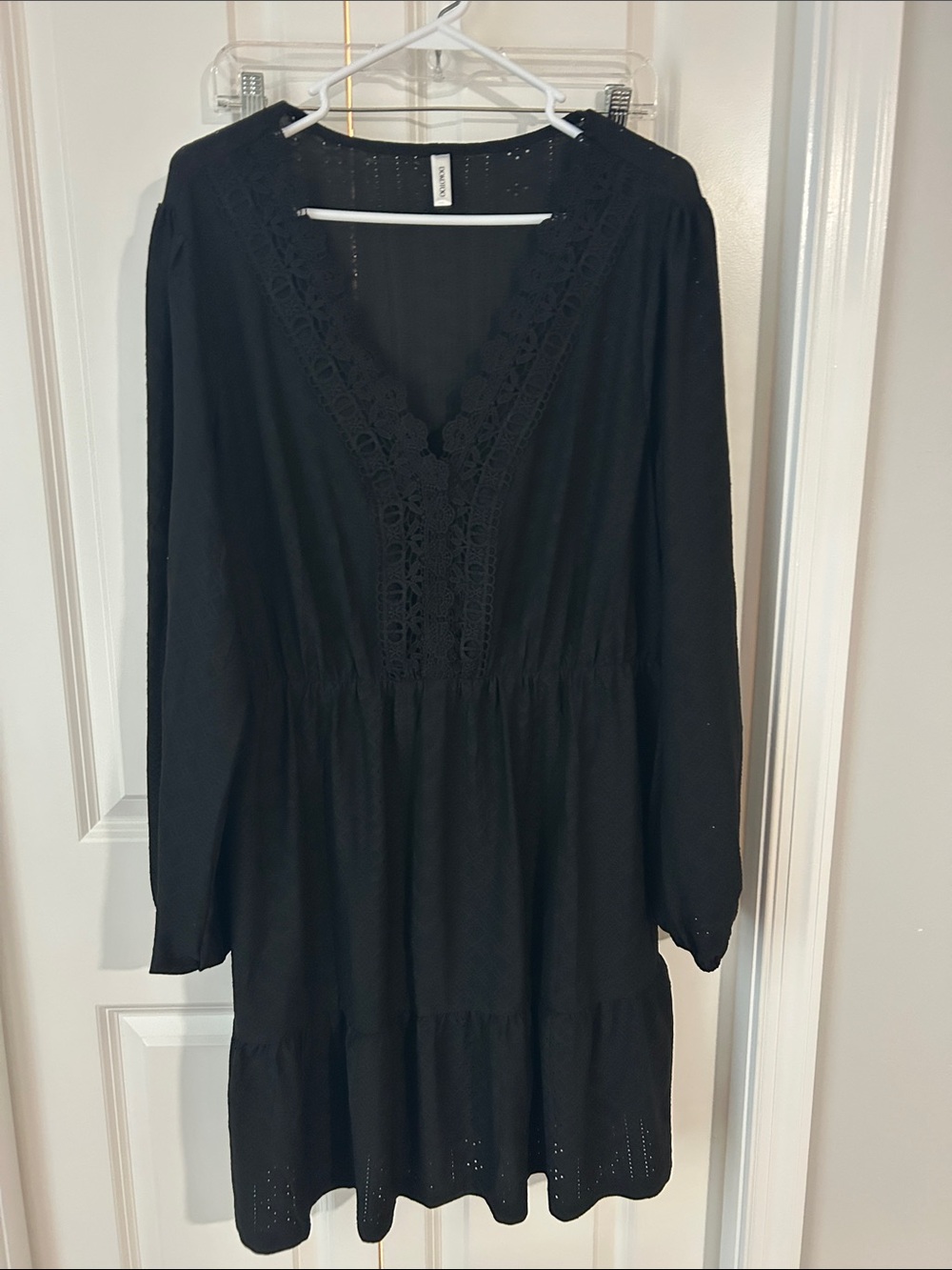 Black Lace-Trim Long Sleeve Tiered Dress by
